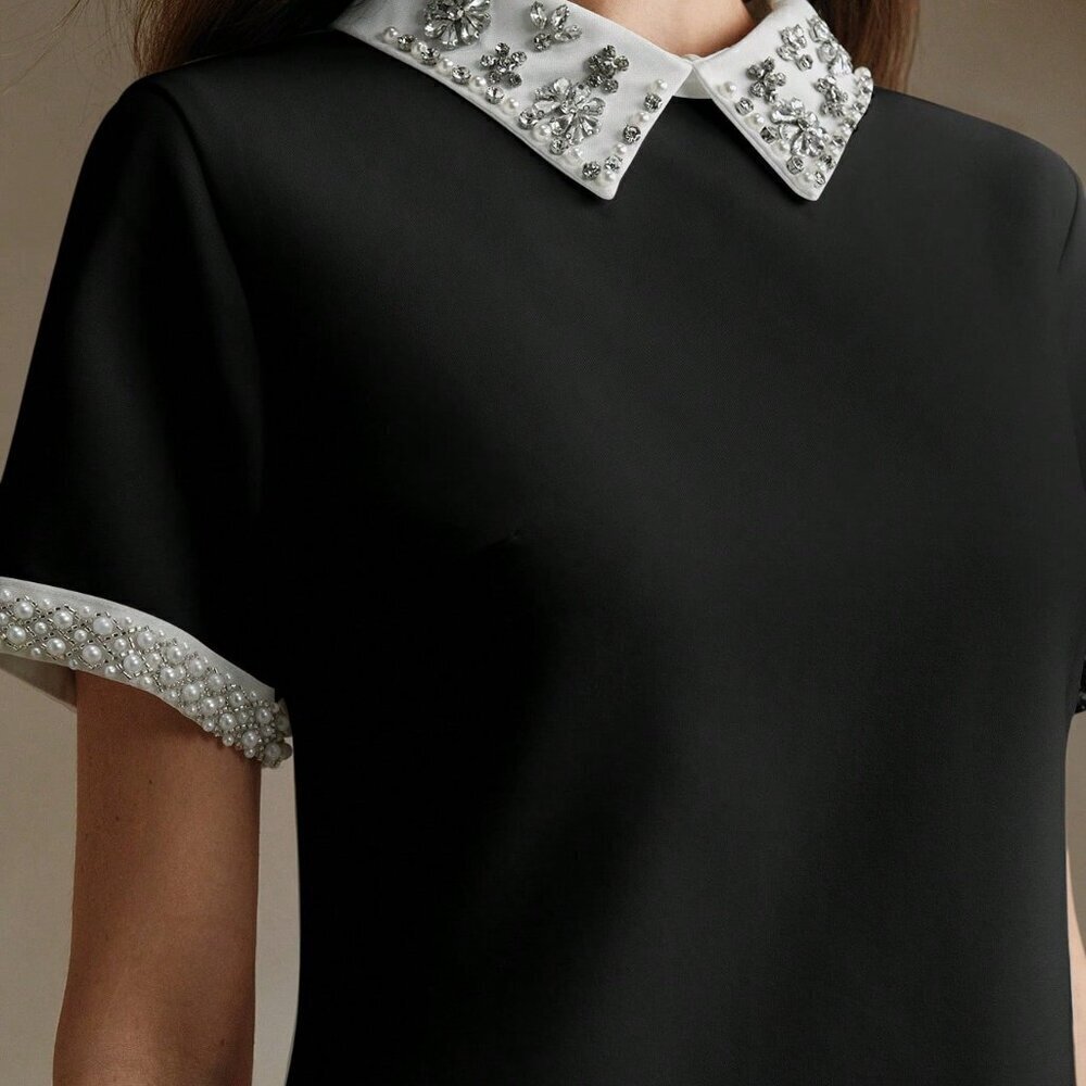 Black Elegant Women's Contrast Color Block Studded Decorated Dress - Picture 3 of 7
